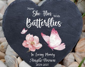 Personalized Memorial Stone For Mom,Grave Marker Remembrance Stone,Loss Of A Loved One,Bereavement Gift,Now She Flies With Butterflies Stone