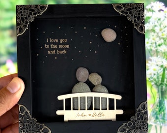 Personalized Pebble Art Couple Portrait - Anniversary Rock Frame Gift, unique valentine gift for her, him, love you to the moon and back