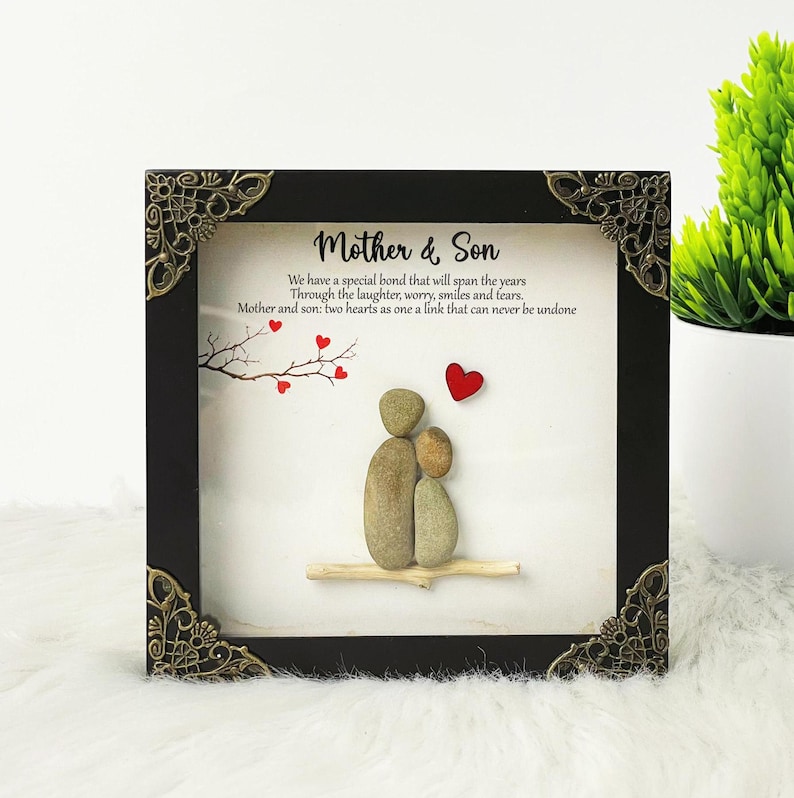 Personalized Mother and Son Pebble Art Frame: Unique Keepsake Gift, gift for mom from son wedding day mom of son, Mother's day unique gift image 1
