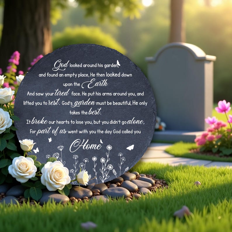May include: A round, dark gray memorial stone with a heartfelt poem about loss and remembrance. White flowers and butterflies decorate the bottom edge. The stone is placed on a bed of small rocks, surrounded by green grass and other flowers.