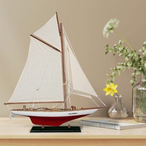Red Columbia Wooden Model Sailing Yacht 61cm, Yacht Décor, Model Sailing Boats, Handcrafted Wooden Sailboat Model