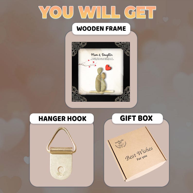 May include: A framed pebble art picture with a black frame and a white mat. The picture shows two figures made of pebbles, representing a mother and daughter. The text "Mum & Daughter" is printed on the mat. The picture comes with a hanger hook and a gift box with the text "Best Wishes For You".