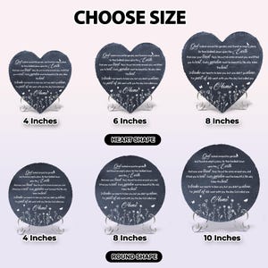May include: Heart-shaped and round slate memorials with a floral design and the text "God looked around his garden." Sizes range from 4 to 10 inches. Includes a metal stand.