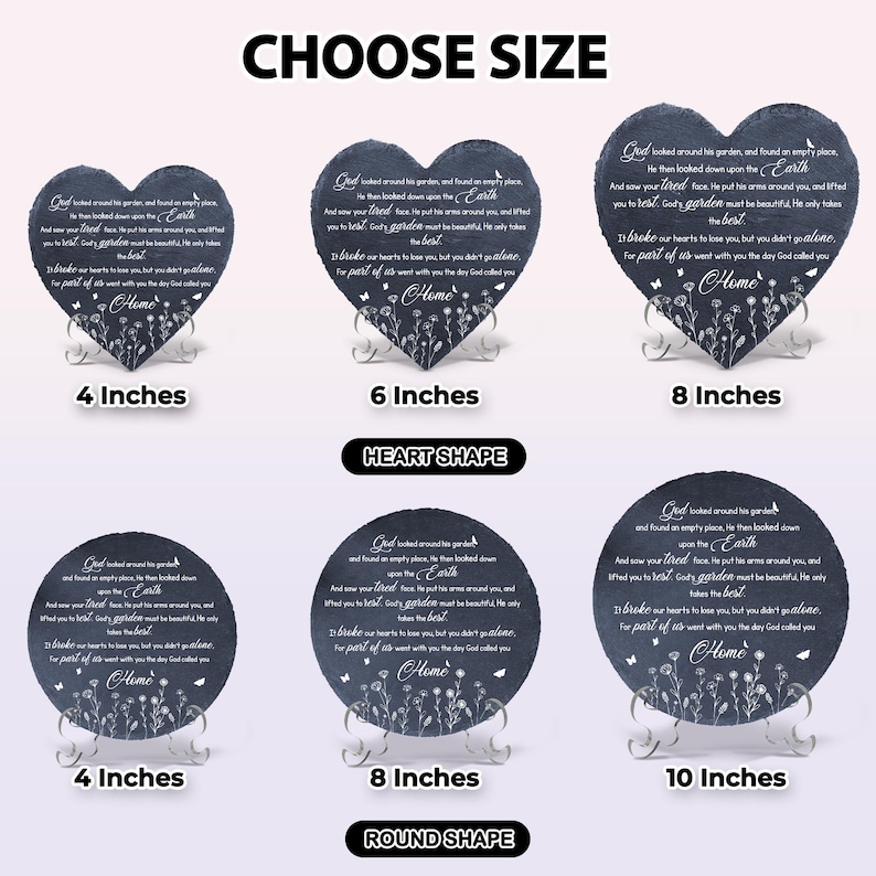 May include: Heart-shaped and round slate memorials with a floral design and the text "God looked around his garden." Sizes range from 4 to 10 inches. Includes a metal stand.