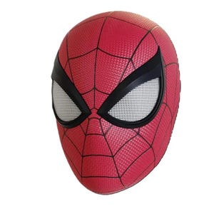 May include: A red and black Spider-Man mask with a mesh eye covering. The mask is made of a textured material and has a detailed design.