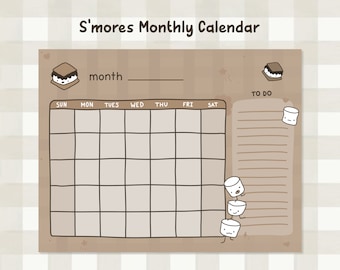 Cute Hand Drawn Digital S'mores Monthly Calendar | Sweet Honey Graham Cracker Theme | Brown | Calendar Templates | Bork Designs