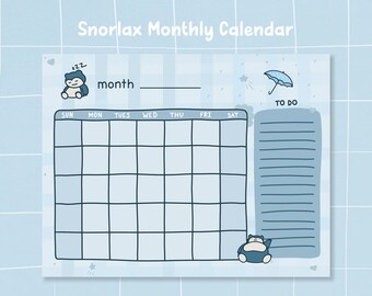 Cute Hand Drawn Digital Snorlax Monthly Calendar | Pokemon Theme | Blue | Rainy | Calendar Templates | Bork Designs