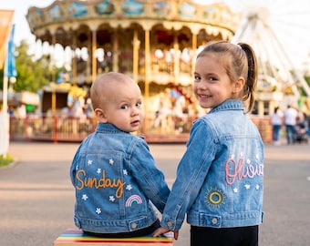 Chaqueta vaquera personalizada para niños pequeños, abrigo vaquero infantil con nombre personalizado, conjunto para la vuelta al cole.