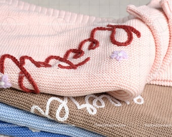Cozy Embrace: Hand-Embroidered Personalized Knit Baby Blanket - A Custom Name Swaddle Blanket to Warmly Wrap Your Little One