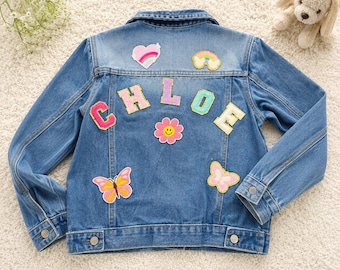 Chaqueta vaquera infantil personalizada, chaqueta vaquera con parche de letras de chenilla con nombre personalizado, regalo de recuerdo