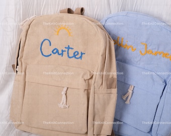 Personalisierte Cord-Rucksäcke: Handgemachte Schultaschen mit individueller Bestickung für Kinder und Kleinkinder