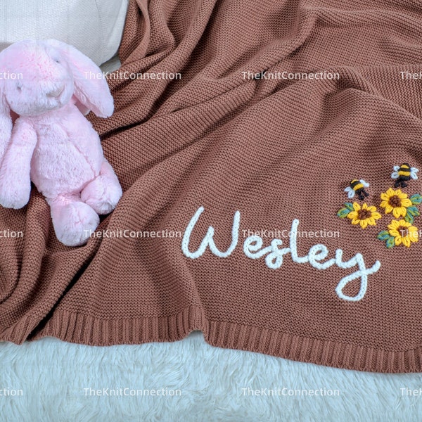 Personalized Hand Embroidered Knit Baby Blanket Custom Name Swaddle Etsy