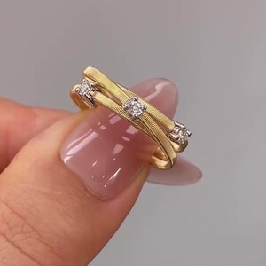 0.30ct Round Moissanite Engagement Ring Three Stone Band Dainty Stacking Ring Gold Triple Band Minimal Textured Bridal Jewelry Gift For Her