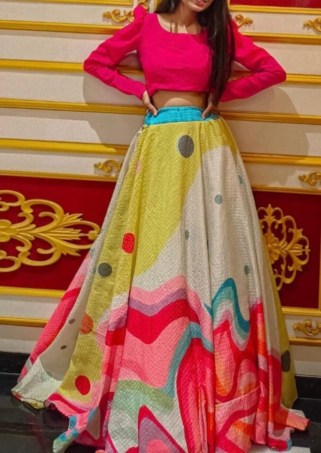 Women Pink Notched Crop Top With Anarkali Skirt