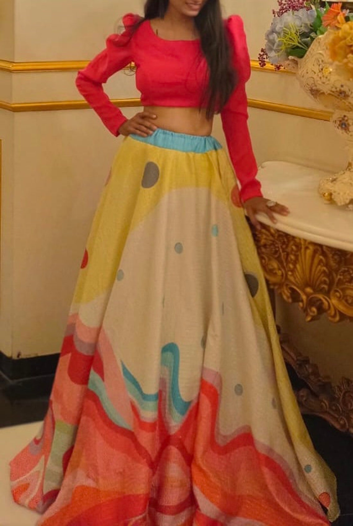 Women Pink Embroidered Crop Top With Lotus Print Flared Skirt main image 0