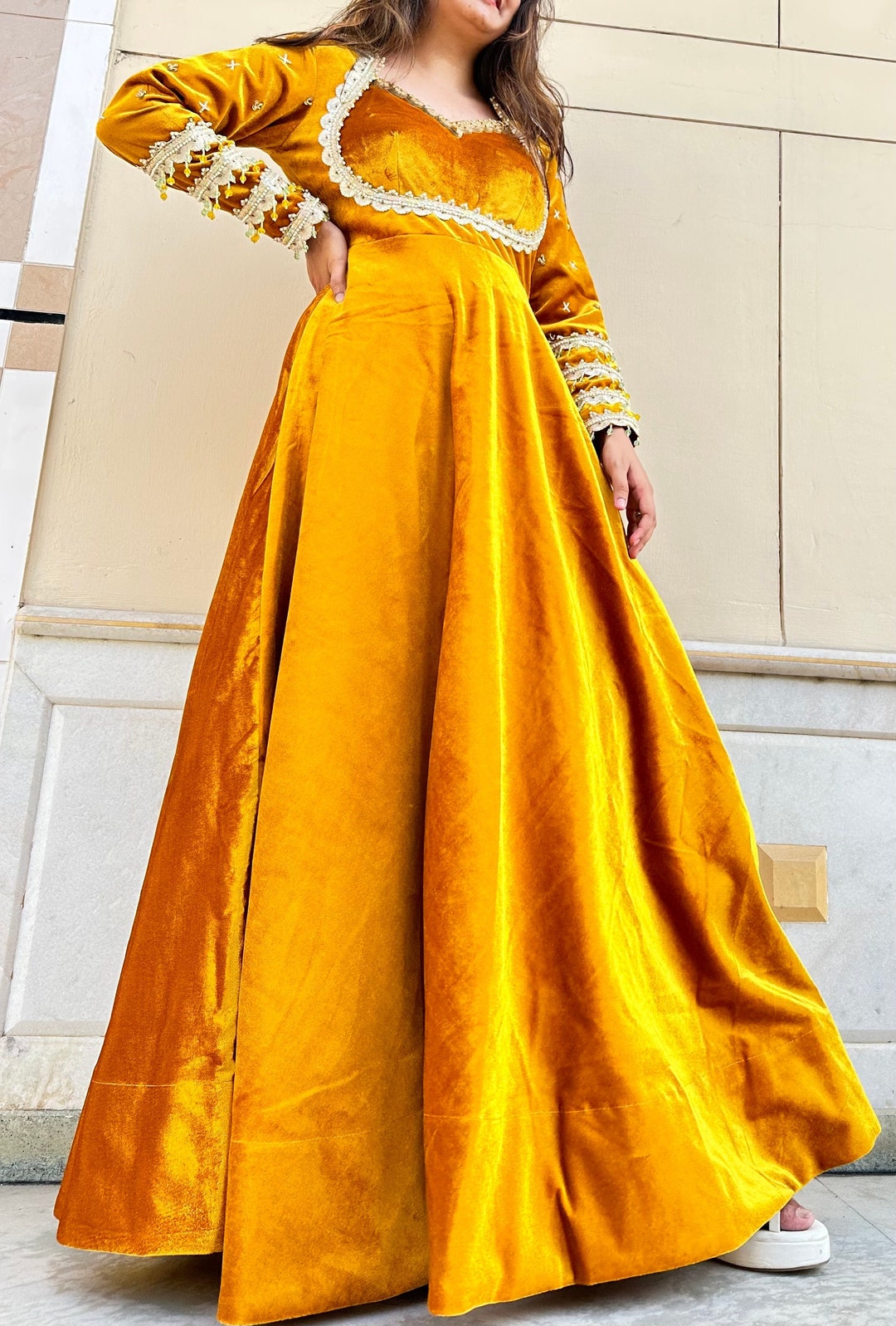 Mustard Yellow & Golden Floral Printed A-Line Dress