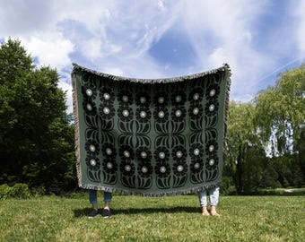 Manta de algodón tejida con estampado floral bohemio verde oliva y negro