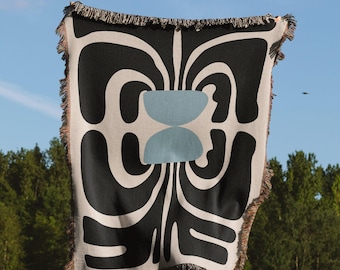 Black And Blue Matisse Style Mcm Flower Woven Cotton Throw Blankets