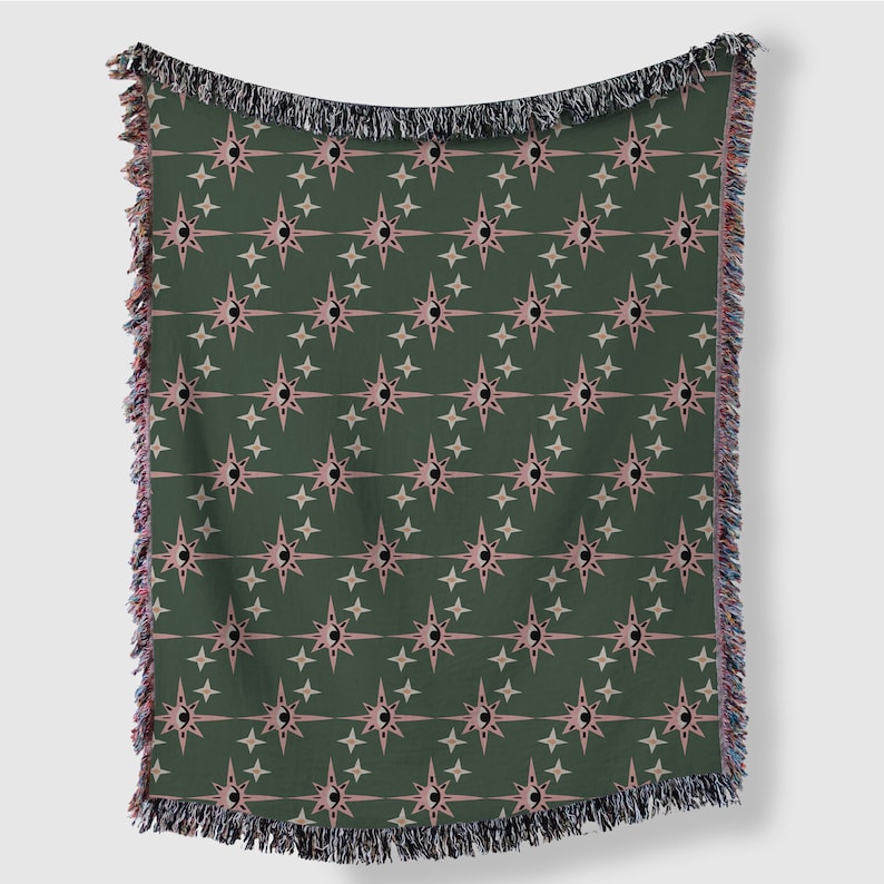 Green And Pink Esoteric Starry Eyes Woven Cotton Blankets