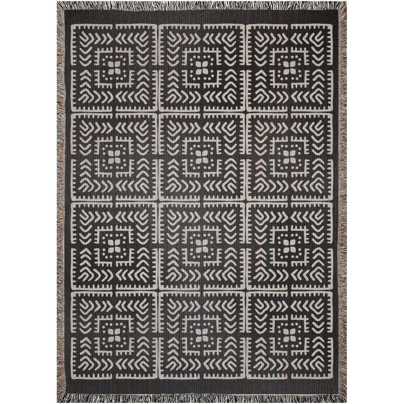 Visual Reference: Black And Beige Intricate Motif Pattern Woven Cotton Throw Blankets