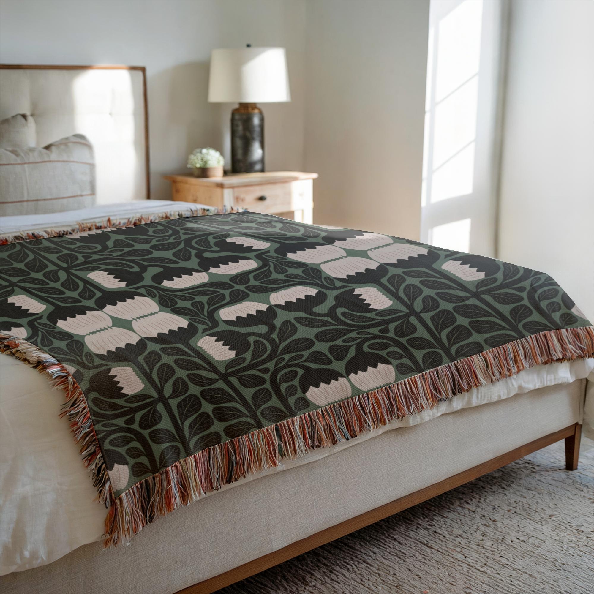 Green Boho Matisse Floral Woven Cotton Blanket