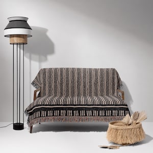 Stripe Woven Cotton Blanket In Black And Warm Beige