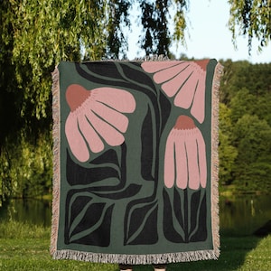 Mantas de algodón tejidas con flores Matisse verdes y rosas