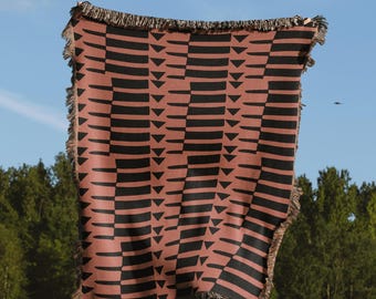 Modern Abstract Terracotta And Black Geometric Woven Blanket