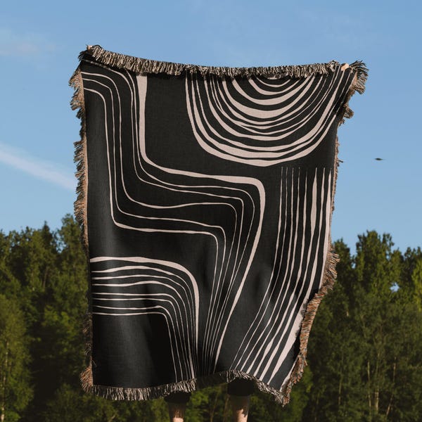 Black And Beige Minimalist Modern Lines Woven Blanket