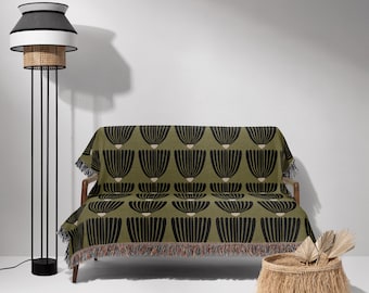 Boho Green Geometric Woven Cotton Blanket
