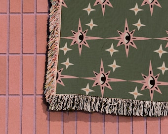 Green And Pink Esoteric Starry Eyes Woven Cotton Blankets