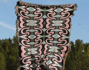Green Pink Blue Black Psychedelic Pattern Woven Cotton Blankets