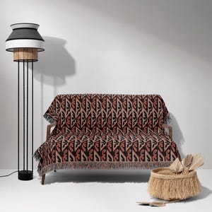 Terracotta, Black, And Beige Geometric Woven Cotton Blanket