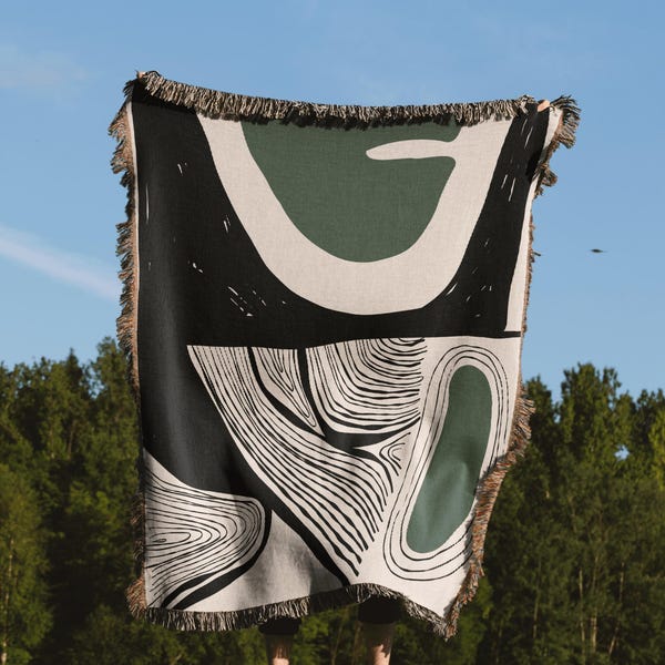 Abstract Black, Beige, And Green Modern Art Woven Blanket