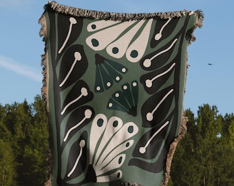 Green Matisse Inspired Retro Flower Woven Cotton Throw Blankets