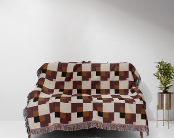 Brown Pink Black Beige Bauhaus Checkered Woven Cotton Blankets
