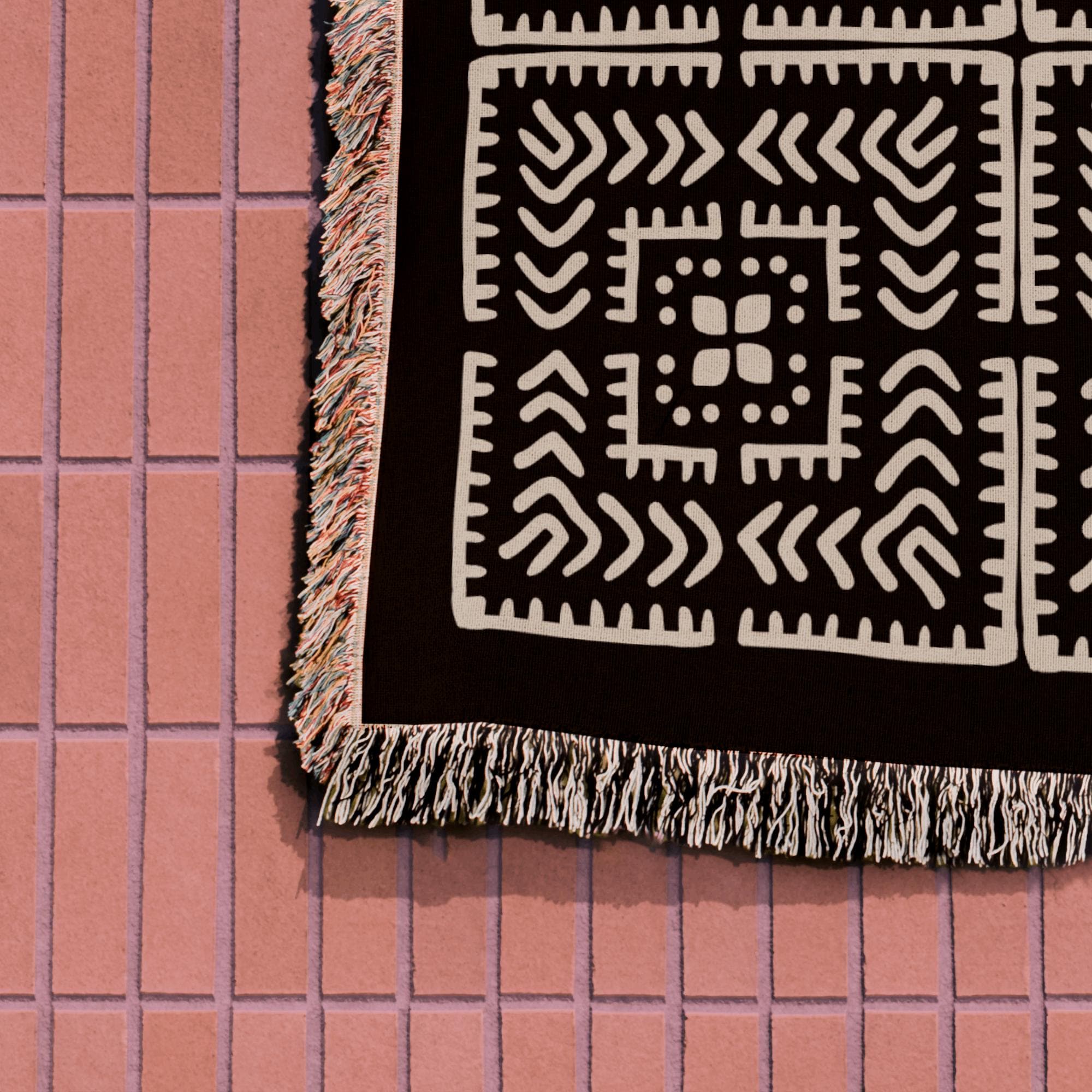 Black And Beige Intricate Motif Pattern Woven Cotton Throw Blankets