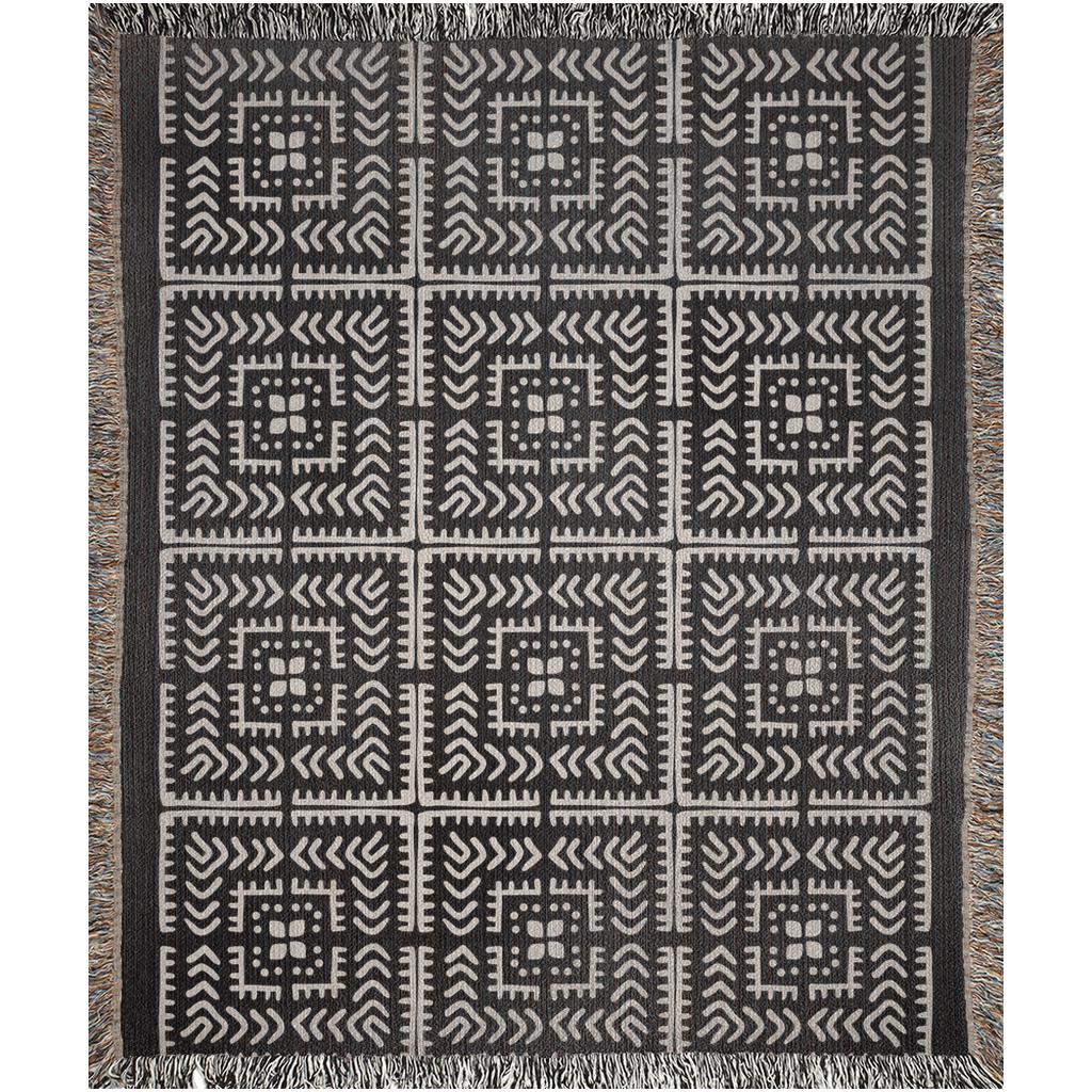 Black And Beige Intricate Motif Pattern Woven Cotton Throw Blankets