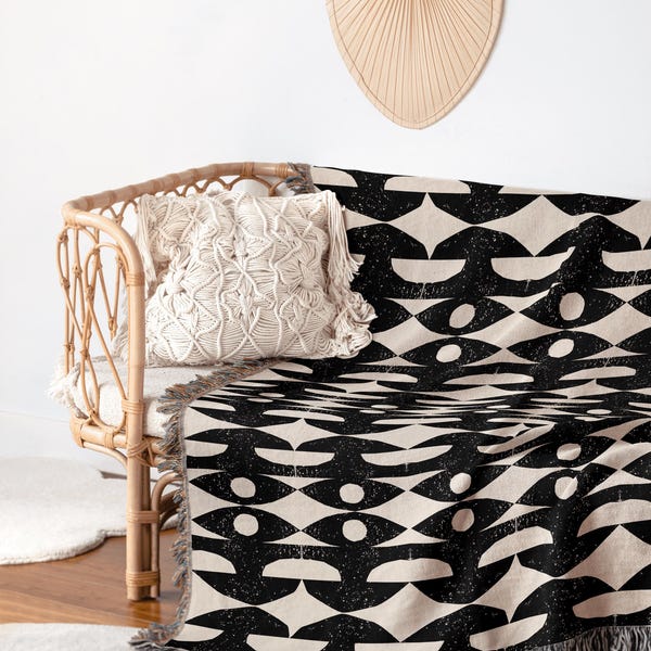 Black And White Mid-Century Woven Throw Blanket – Geometric Retro Pattern