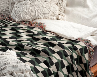 Green Black And White Bauhaus Circle Pattern Woven Cotton Throw Blankets