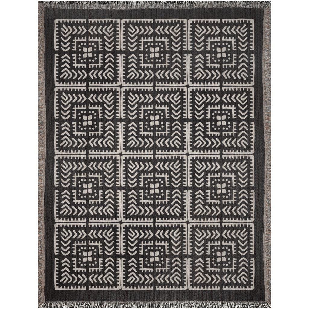 Black And Beige Intricate Motif Pattern Woven Cotton Throw Blankets
