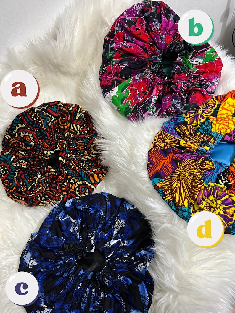 Colourful African Print (ankara) Large Ruffle Hair Bonnets With Satin ...
