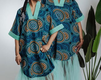 Gangan – African Print Boubou Tulle Maxi Dress (Teal)