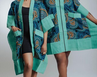 Udu – 2-in-1 African Print Kimono Dress (Teal)