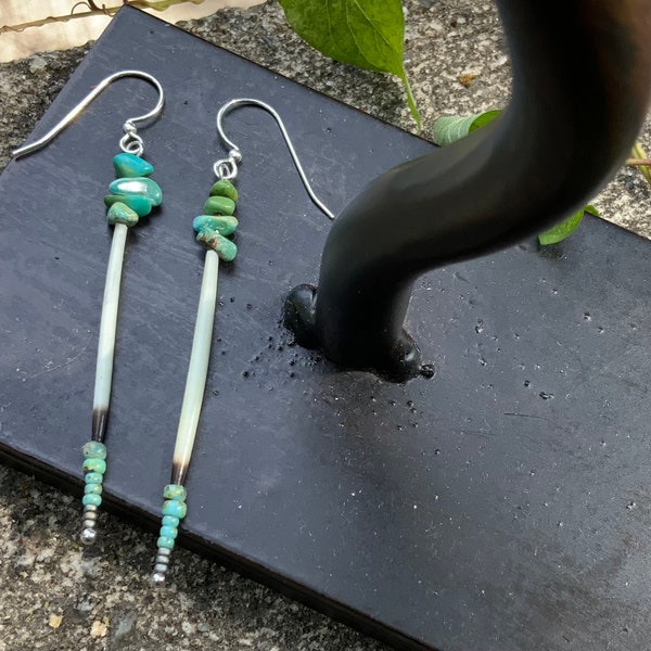 Porcupine Quill Earrings with Turquoise Chips and Sterling Silver Findings, handcrafted, natural stone, simple, elegant, quillwork, dangle