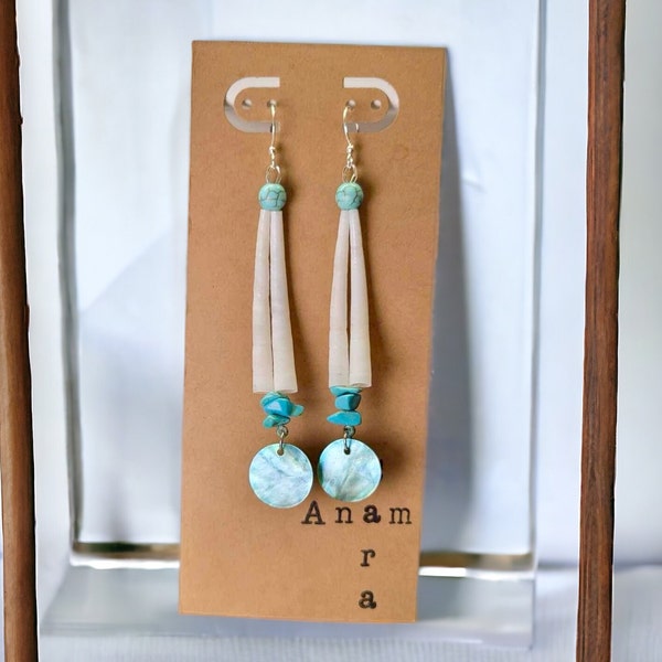 Dentalium Shell Earrings/Turquoise/Mother of Pearl/ Sterling Silver/ Gemstones/ Boho/ Shells/ Indigenous made/Handmade/ wedding gift/ bride