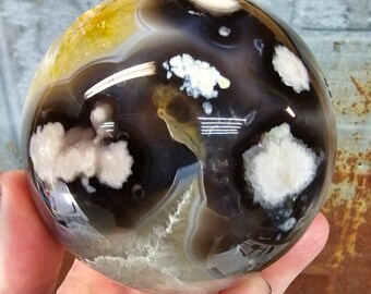 Black Flower Agate and Quartz Sphere