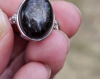 Silver Obsidian Adjustable Ring