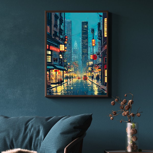 Neon Retro City Street Painting | Large Digital Print