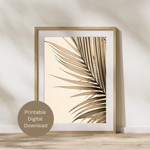 Boho palm tree frond wall art, art print, printable wall art, living room, digital download, beach, beige, minimalist, vintage coastal art